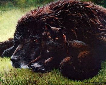 Black friends forever, dog, kitten, puppy, painting, art, cat, pet HD wallpaper