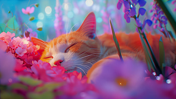 Peaceful Sleeping Cat in Floral Paradise, cat, Animal, sleeping HD wallpaper