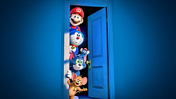 Mario Doraemon Tom And Jerry Blue Door Adventure, mario, doraemon, tom-and-jerry, cartoons, cartoon, artwork, art, digital-art, ai HD wallpaper