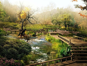 spring garden, walkways, trees, spring colours, stream HD wallpaper