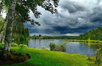 Lake view, Lake, Forest, Trees, Canada, Clouds HD wallpaper