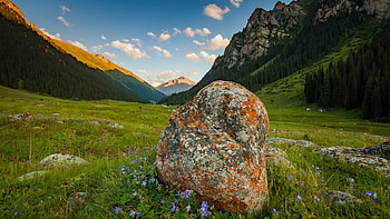 Sunset in Alps Mountains, Blue Sky, Rock, Meadow, Mountains HD wallpaper