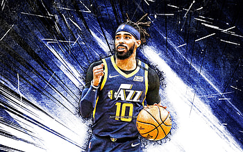 Mike Conley, grunge art, Utah Jazz, NBA, basketball, Michael Alex Conley Jr, Mike Conley Utah Jazz, blue abstract rays, Mike Conley HD wallpaper