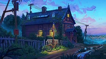 Bicycle under the street light, art, house, bicycle, light, clouds, sky, nature, cottage, evening HD wallpaper