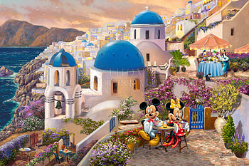Mickey and Minnie in Greece, greece, sea, blue, white, art, disney, minnie mouse, painting, mickey mouse, thomas kinkade, fantasy, pictura, water HD wallpaper