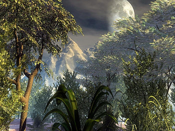 Tropical Moon, leaves, moon, fantasy, tropical, trees, sky, shrub, mountain HD wallpaper