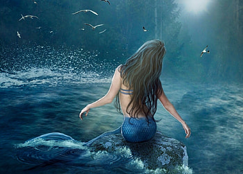 Mermaid Basking in The Sun, blue, Ocean, sunlight, seas, pretty, Mermaid, water, rock HD wallpaper