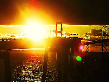 sun_bridge, bright, bridge, nature, sunset, beach HD wallpaper