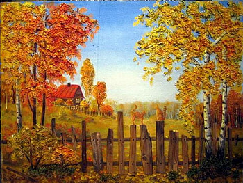 By L. Zubova, kitten, art, cat, tree, l zubova, painting, fence, felline, autumn, nature HD wallpaper