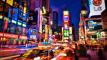 Nighttime cityscape, Brightly lit buildings, Dynamic atmosphere, Lively streets HD wallpaper