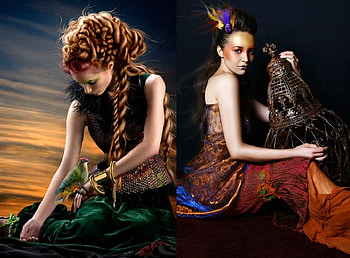 Beauty x 2, females, bird, beautiful, coloured, fashion, green, sky, models, hair HD wallpaper