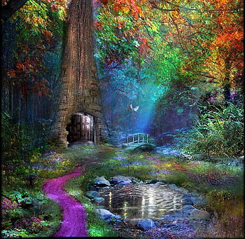Door to......., magic, door, path, entrance, colors, wonderland, forest, pond HD wallpaper