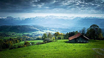 Springtime in the Valley, mountains, cabin, clouds, landscape, trees, sky HD wallpaper