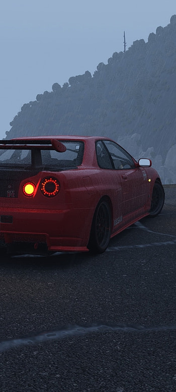 Nissan Skyline R34 GTR, automotive lighting, rain, skyline gtr, car, assetto corsa, mbd_design HD phone wallpaper
