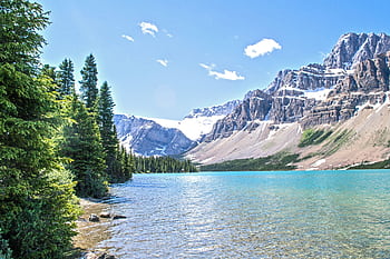 Stunning view of Bow Lake with rocky mountains and green forests in Banff National Park. HD wallpaper