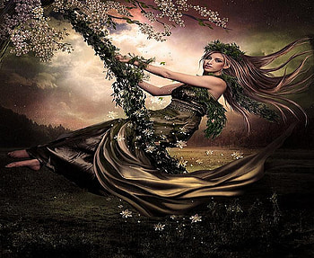 Girl just wanna have fun, satin, beautiful, flowers, swing, dress, gold, woman, tree HD wallpaper