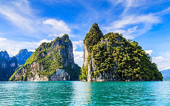 Twin Islands, sea, Thailand, tropical, beaches, paradise, beautiful, shrubs, summer, Limestone rocks, cliffs HD wallpaper
