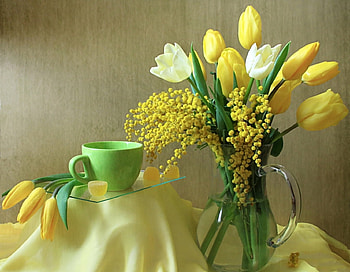 TULIPS, VASE, FLOWERS, STILL LIFE, CUP HD wallpaper