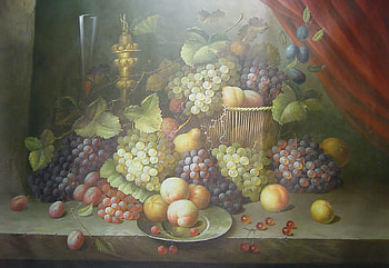 Italian Flair, table, carafe, plates, fruits, abundance, curtain, fresh, vines, glasses, baskets, wine HD wallpaper
