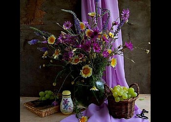 Still life, wild flowers, graphy, grapes, fall, basket, purple, season, book, abstract, fruit, flowers HD wallpaper