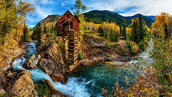 The Crystal Mill near Marble, Colorado, river, rocks, usa, clouds, trees, sky, watermill, mountains, forest HD wallpaper