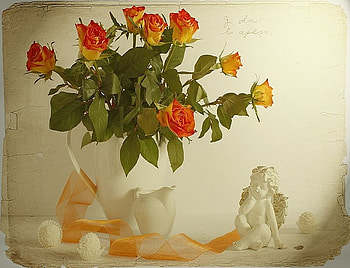 Divine, statue, glass, cherub, white, roses, sweets, ribbon, vase, orange, candy, still life, leaves, pretty, green, yellow, nature, flowers HD wallpaper