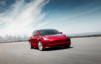 Tesla Model 3, on-road, red HD wallpaper