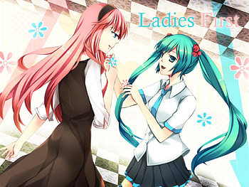 Ladies First, awesome, uniform, nice, hatsune, checkered, white, hatsune miku, twintail, girl, aqua, pink hair, anime, pretty, megurine, virtual, blue, luka, black, song, cute, vocaloid, dress, beauty, miku, music, vocaloids, thighhighs, megurine luka, skirt, beautiful, diva, pink, aqua hair, cool, flowers, idol HD wallpaper