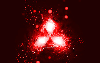Mitsubishi red logo, , red neon lights, creative, red abstract background, Mitsubishi logo, cars brands, Mitsubishi HD wallpaper