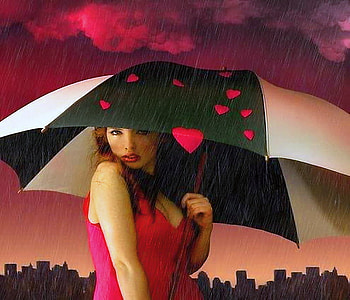 Love shower, umbrella, red sky, rain, red dress, woman, stripes, black and white, hearts, clouds HD wallpaper