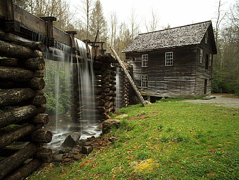 Nature, Grass, Waterfall, Small House, Lodge, Construction, Design, Grayness, Greyness, Logs HD wallpaper