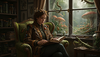 — Rainy Reading in the Mushroom Conservatory, Woman, Book, Mushroom HD wallpaper