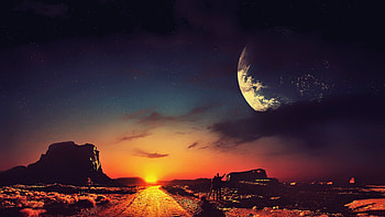 Couple, sunset, planet, starry sky, rocks, romantic, landscape, fantasy HD wallpaper
