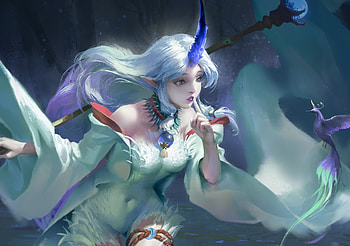 Unicorn Lady, blue, lady, art, fantasy, gorgeous, unicorn, luminos, chen gang, superb HD wallpaper