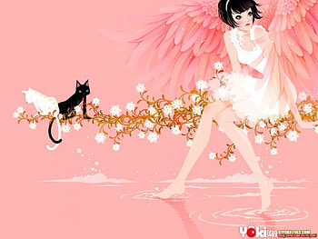 Pink winged girl, pink, cartoon, cat, flowers, girl HD wallpaper