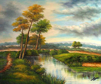 By Davidovic Mile, river, painting, art, davidovic mile, nature, tree HD wallpaper