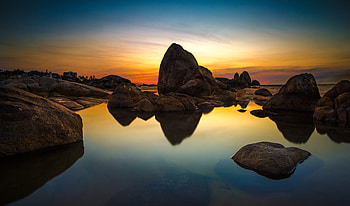 Nature, Sunset, Stones, Sea, Reflection HD wallpaper
