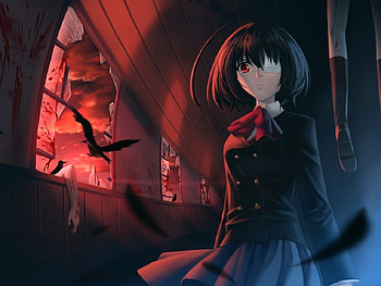 Misaki Mei, Red, Black, Mei, girl, Crow, eye patch, horror, Another, Misaki HD wallpaper