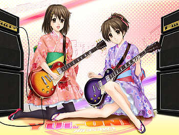 K-On!, japanese, hirasawa, kimono, speaker, yui, guitar, beautiful, dress, traditional, ui, 2d, cg, pretty, cool, girls HD wallpaper