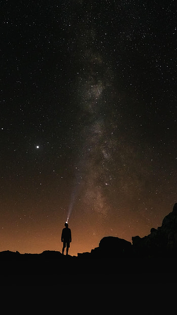 Night, Dark, Silhouette, Starry Sky, Human, Person, Flashlight HD phone wallpaper