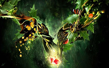 Frog and Butterflies, ladybug, buds, cherries, frog, butterflies, leaves, abstract, animals, forest HD wallpaper