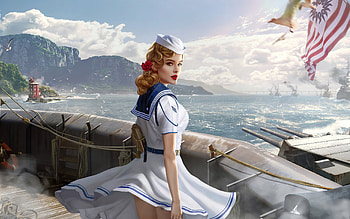 World of Warships, blue, blond, sailor, white, frumusete, fantasy, girl HD wallpaper
