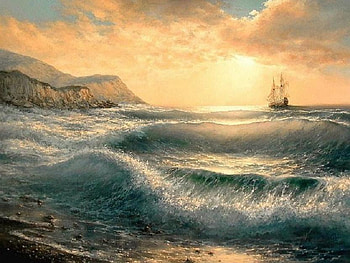 Away in the Distance, boat, waves, cliffs, sails, sunset, ocean, horizen HD wallpaper