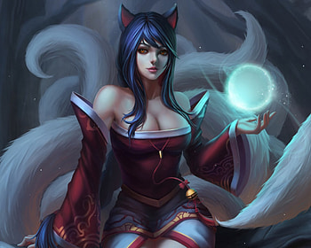 Ahri, long hair, dress, cg, magical, sinister, league of legends, game, , female, sexy, magic, tails, kitsune, hot, girl, fantasy, video game, ears, lol HD wallpaper