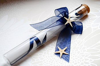 Post in glass tube, blue, starfish, fashion, message, glass tube, entertainment, ribbon, bow HD wallpaper