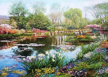The lake in spring, art, daffodils, flower, pictura, wayer, spring, zbigniew kopania, lake, painting HD wallpaper