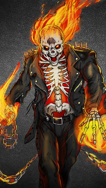 Flaming Skull Ghost Rider: Fiery Leather Chain Comic, fire, skull, skeleton, painting, Comic, Ghost Rider HD phone wallpaper