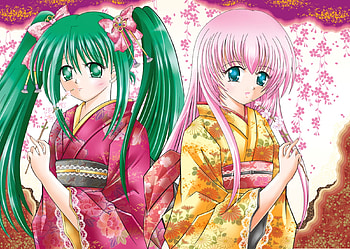 Hatsune Miku & Megurine Luka, awesome, festival, artistic, nice, digital, cultural, cg, petals, hatsune, aqua eyes, white, hatsune miku, art, twintail, girl, singer, aqua, pink hair, anime girl, anime, pretty, green, megurine, virtual, kimono, luka, black, song, cute, vocaloid, gold, beauty, miku, music, vocaloids, megurine luka, program, beautiful, diva, pink, aqua hair, sakura, yellow, cool, flowers, idol HD wallpaper