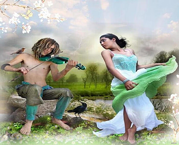 The dance of the gypsies, dance, bird, trees, grass, gypsies, violin, lake HD wallpaper