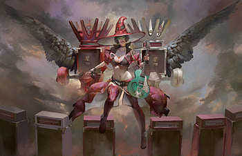 Witch, pink, christian angel, fantasy, art, green, girl, hat HD wallpaper
